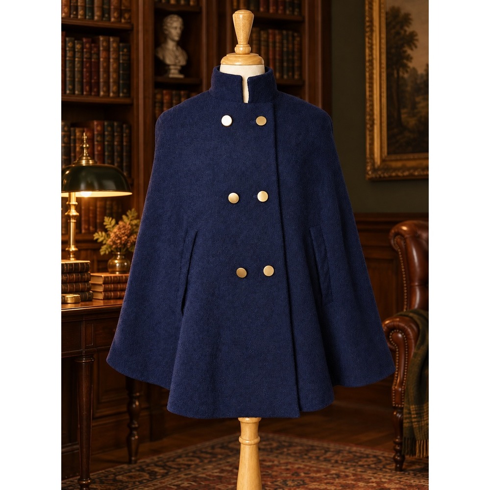 Vtg 70s Handmade Blue Cape Coat Mod Double Breasted Gold Buttons Arm Slits Goth